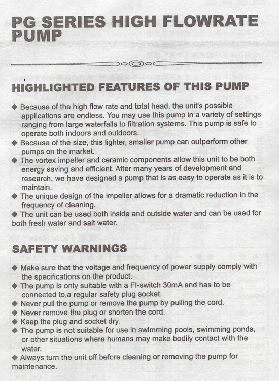 United PG Model Pump's Features and Warnings